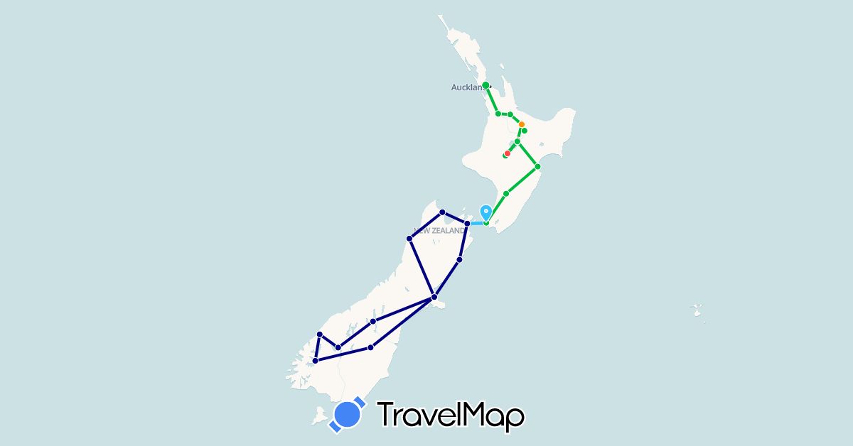TravelMap itinerary: driving, bus, hiking, boat, hitchhiking in New Zealand (Oceania)