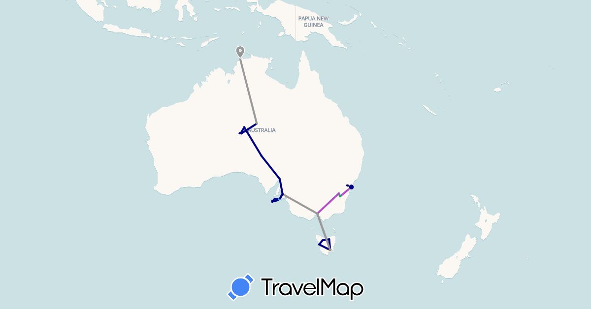 TravelMap itinerary: driving, bus, plane, train, hiking, boat, hitchhiking in Australia (Oceania)